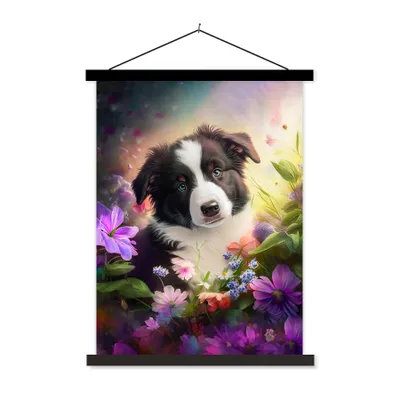 Produktbild von MuchoWow® Textilposter Welpe - Sonne - Blumen - Natur - Border Collie - Hund 40x53 cm mit schwarzem Rahmen - Abbildung