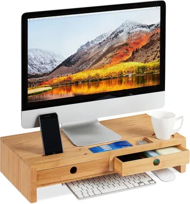 Zdjęcie produktu dla Stojak na monitor – bambus – podwyższenie monitora z 2 szufladami i półkami – do biurka – 12 x 56 x 27 cm – naturalny