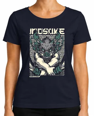 Productafbeelding van Inosuke Demon Slayer Wildsvarken masker, anime cadeau, Japan, Y2K streetwear, dames T-shirt, marineblauw, maat L