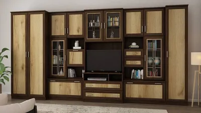 A modular entertainment center with various cabinets, shelves, and a TV space.