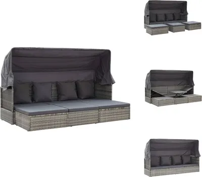 Collage of a modular outdoor sofa with a canopy, showing different configurations.