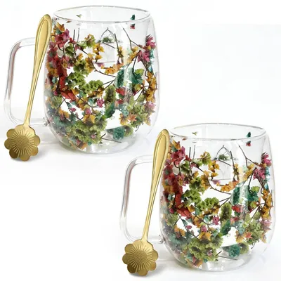 Produktbild von 2er-Pack Doppelwandige Gläser mit Trockenblumen, 390ml, inkl. Löffel, Mehrfarbig
