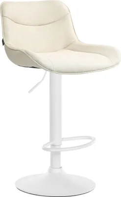 A white bar stool with a beige fabric seat.