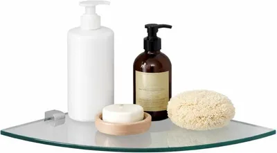 Produktbild von Eckregal Wand Glas 6 mm – abgerundetes Duschregal Ecke für Bad & Dusche, ESG Glasregal, Glasablage mit Wandhalterung, Eckablage Klarglas 35x35 cm