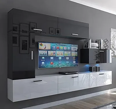 Image de Furnitech Meuble-paroi Salon - Meubles de salon avec LED Blanc - Meuble-paroi Suspendu Moderne - Étagères et meuble TV (Future C10/HG/BW6 1B)