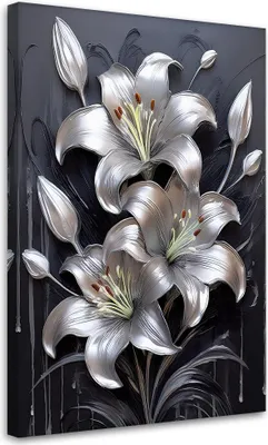 Produktbild von Leinwandbild Lilie Blume Silber Gemalte 40x60 Feeby Silber bild für die wand bereit zum aufhängen