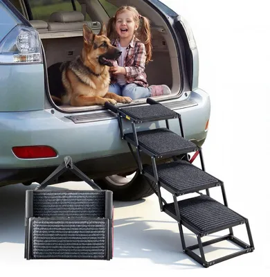 Produktbild von Hundetreppe & Hunderampe - Klappbar 4-stufig - Extra Breit - Für Große Hunde - Weicher Filzbelag - Belastbar Bis 90 kg - Für Auto & SUV