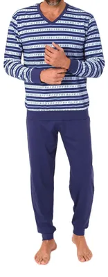 Produktbild von Normann Herren langarm Schlafanzug mit Bündchen – Pyjama in eleganter Streifenoptik ; blau , 52