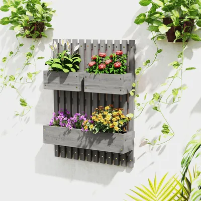 Productafbeelding van Bloembakset voor wandmontage, 3-delig, plantbak van grenenhout, weerbestendig, houten bloemenstandaard, grijs | 60 x 16 x 80 cm | 4,5 kg | Met drainagegaten
