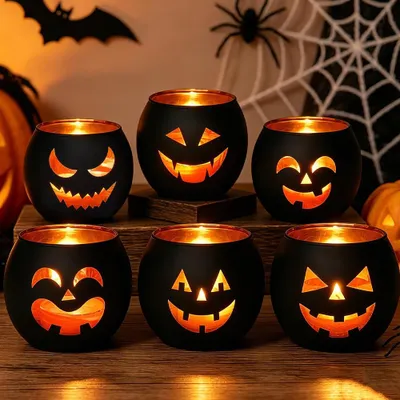Halloween-Kerzenhalter aus Glas, 6 Stück, mit Gravur, schwarz