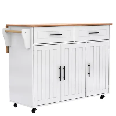 Produktbild von Großer Speisewagen/Sideboard, Arbeitsplatte mit Massivholzmaserung+faltbare Arbeitsplatte/Aufbewahrungstür-Design/Räder/Massivholzfüße umschaltbar
