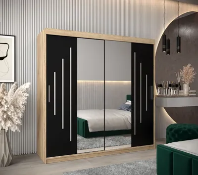 Obrázok produktu pre Šatníková skriňa so zrkadlom SOFIA - šírka 200 cm, dub sonoma / čierna