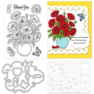 Productafbeelding van Klatschmohn stempel- en stansset - Met sjabloon voor het aanbrengen van kleur - Voor het maken van kaarten