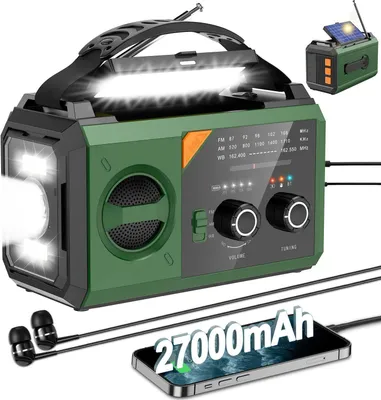 Obrázok produktu pre Prenosná rádio stanica s kľukou, s batériou 30 000 mAh, solárnym nabíjaním, USB portom, Bluetooth, baterkou a SOS alarmom