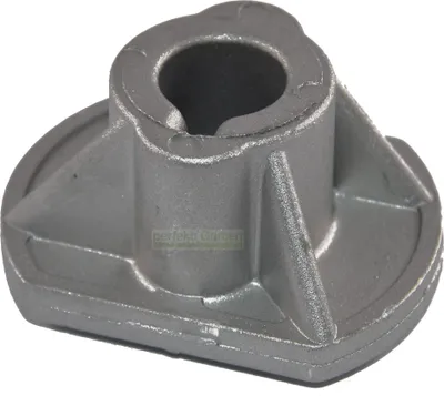 A close-up studio shot of a metal lawnmower blade holder.