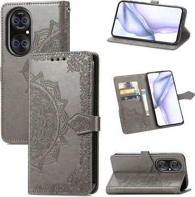 Productafbeelding van König Design hoesje, compatibel met Huawei P50 Pro, kunstleren telefoonhoesje - telefoonhoesje, grijs