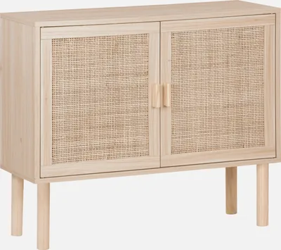 A light wood storage cabinet with two rattan doors and wooden legs against a white background.
