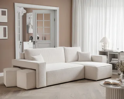 Produktbild von Idohome–Moderne Ecksofa PARIS mit Hockern mit Schlaffunktion, L-förmigen, Universale Couch, Bettcouch - Farbe: Creme Centaur 01
