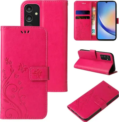 Produktbild von Handyhülle für Samsung Galaxy A34 5G Floral Blumen Schmetterling Flip Cover Hülle Case Klapphülle Handytasche Farbe: Pink