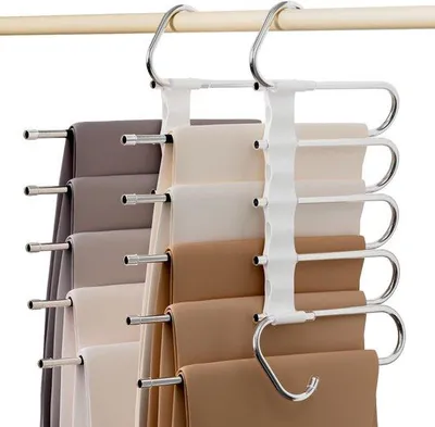 Produktbild von Platzsparender Hosenhalter Damita, 5-in-1 Kleiderbügel für Hosen, Schals und Jeans – Weißes Kunststoffmaterial & Edelstahl – 2 Stück, faltbar