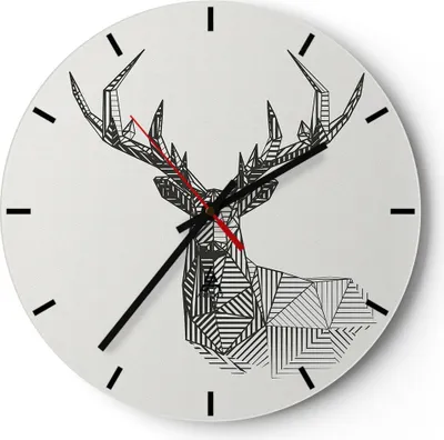 Produktbild von Wanduhr - Rund - Glasuhr - Hirsch Skizze Skandinavisch - 30x30cm - Schleichendes Uhrwerk - Lautlos - zum Aufhängen bereit - Dekoration Modern - Wanddekoration aus Glas - C3AR30x30-4950