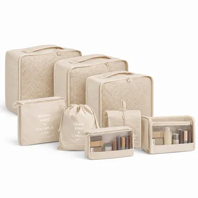 Immagine prodotto di Set di 8 organizer da valigia con beauty case – Borse e cubi da viaggio, ideali per riporre i vestiti (beige)
