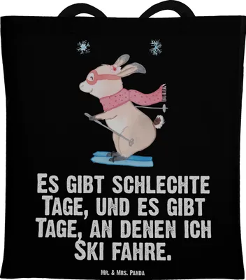 Produktbild von Mr. & Mrs. Panda Jutebeutel Hase Skifahren - Schwarz - Geschenk, dokumententasche, Tote Bag, Schultasche, Skiwettbewerb, Tasche, Skirennen, Laptoptasche, Ski fahren