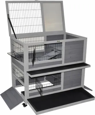 Produktbild von Indoor-Kleintierstall Belinda grau – 2 Ebenen, Rollen & Klappdach – 90 × 53 × 95 cm