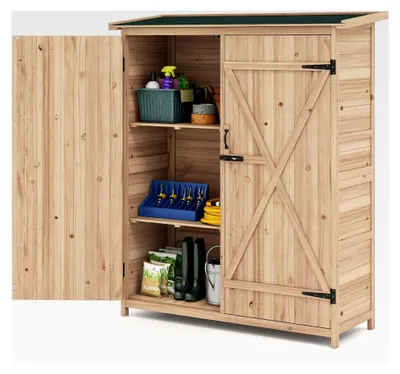 Produktbild von Gartenschrank aus Holz, wetterfestes Gerätehaus für den Außenbereich, Gartenhaus mit 3 Regalen und Schrank, Geräteschrank mit Asphaltdach und 2 abschließbaren Türen, Gartenschuppen (140x51x163cm)