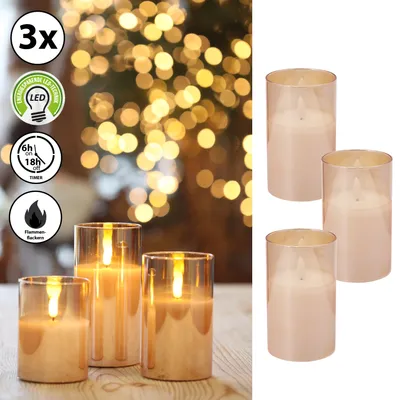 Produktbild von LED Echtwachs-Kerze im Glas 3er Set gold 12,5x7,5cm Kerzenset Flackerfunktion Timerfunktion
