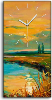 Produktbild von Wanduhr Leinwand Bild Uhr Geräuschlos Kunstdruck 30x60 Sonnenuntergang See - weiße Hände