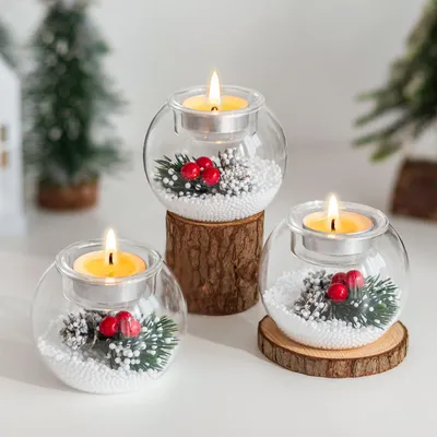3 Teelichthalter aus Glas mit Beeren & Tannenzapfen, Weihnachtsdeko