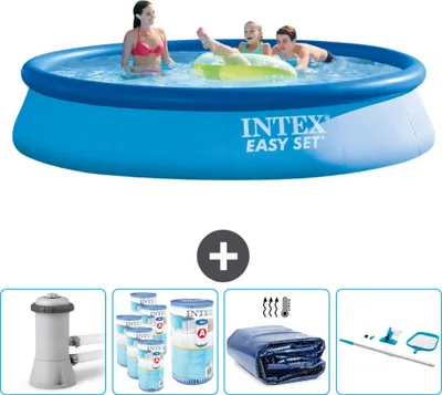 Produktbild von Intex runder aufblasbarer Easy Set-Schwimmpool – 396 x 84 cm – Blau – inklusive Pumpe Filter - Sonnensegel - Reinigungskit