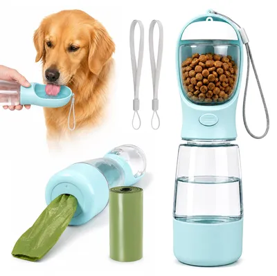 Immagine prodotto di Borraccia per cani con ciotola - 400 ml - Con portasacchetti - Senza BPA - Con ciotola per cibo e portasacchetti per escrementi