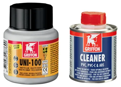 Produktbild von HAF - Griffon PVC-U Kleber Uni-100 in 125ml Dose + Griffon PVC Reiniger / Cleaner 125ml | Spezialkleber & Spezialreiniger für Montage von PVC Rohr