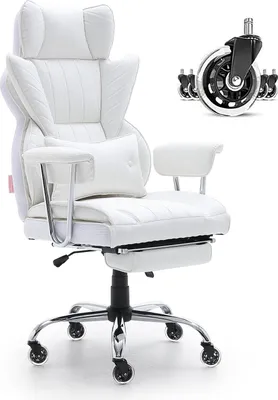 Zdjęcie produktu dla Fotel biurowy z podnóżkiem – ergonomiczny z podparciem lędźwiowym biały
