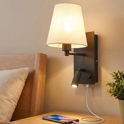 Productafbeelding van ZMH Wandlamp met leeslamp, wit, stoffen kap, E27, 360°, zwanenhals, USB-oplaadpoort, twee schakelaars, moderne wandlamp, geschikt voor slaapkamer, hotel, hal
