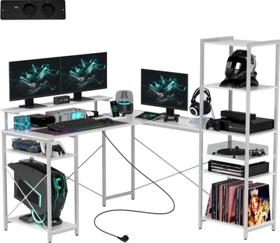 Produktbild von Schreibtisch Gaming Tisch L Form mit Regal, Computertisch mit Monitorständer, Steckdose, USB-Ladeanschluss Eckschreibtisch für Heimbüro, Schlafzimmer, 137 x 140 x 139,5 cm Weiß