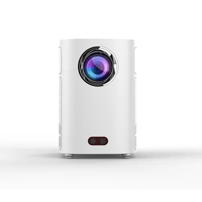 A white mini projector is shown from the front on a white background.
