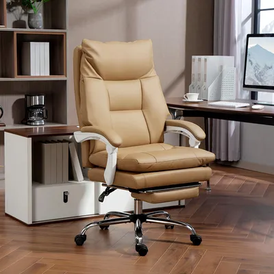 Produktbild von Bürostuhl mit Fußstütze & Lendenstütze, Schreibtischstuhl Kunstleder ergonomisch, Chefsessel Braun | 76x65x121 cm | 135° Neigung | 15 cm Sitzpolster