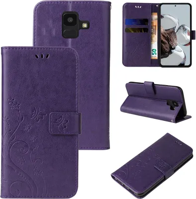 A collage of images showing a purple floral flip phone case from different angles, including one with a phone inside and cards.
