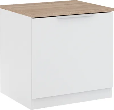A white cabinet with a wooden top, shown from the front.
