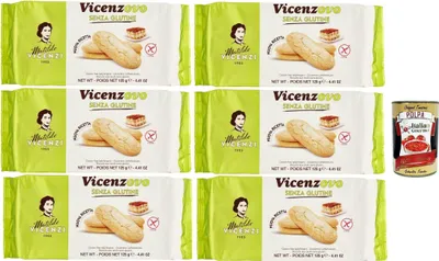 Produktbild von Matilde Vicenzi - Savoiardi Vicenzovo, Laktose und glutenfrei, traditionelle, einfache und leichte Kekse, hergestellt mit 26% frischen Eiern, Zucker und Mehl, 6x 125gr + Italian Gourmet polpa 400g