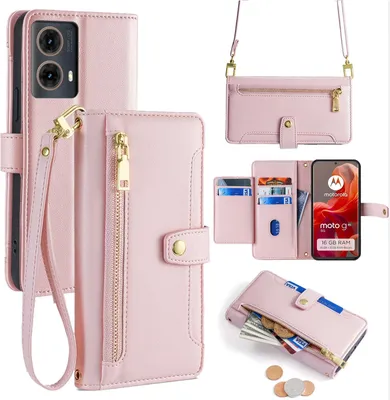 Produktbild von Handykette Hülle für Motorola Moto G85 mit Band Handyhülle Kartenfächer Kunstleder Umhängetasche in Rosa