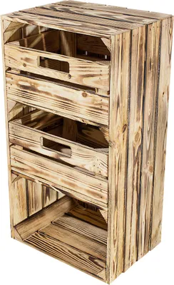Produktbild von Stück geflammter/brauner Holzschrank mit Schubladen 75cm x 40cm x 31cm, Regal Obstkiste Holzregal Weinkiste Kiste