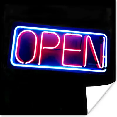 Produktbild von MuchoWow® Poster Eine Leuchtreklame mit dem Text open 100x100 cm - Babyzimmer