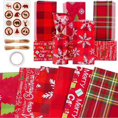 Produktbild von Geschenkpapier Weihnachten 6 Blatt Rot 50x70cm mit Aufkleber & Strohseil
