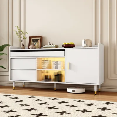 Immagine prodotto di Cassettiera AIORBER, con ante scorrevoli in vetro, illuminazione LED, ampio spazio di archiviazione, credenza, legno massiccio, per sala da pranzo, soggiorno, 140x38x76 cm, bianco