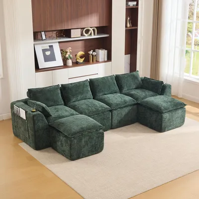 Produktbild von STILVORA Modulares Sofa 4-Sitzer mit 2 Fußhockern und Kissen, Wohnzimmersofa mit Getränkehalter und 2 Seitentaschen, Polstersofa mit Schaumstoff- und Federkernfüllung