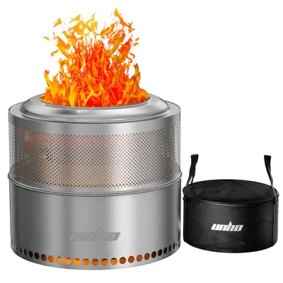 A stainless steel fire pit with flames and a black carrying bag.